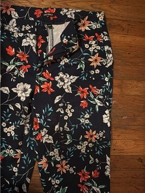 Roz & Ali Navy Floral Pants with Red, White & Green Blooms